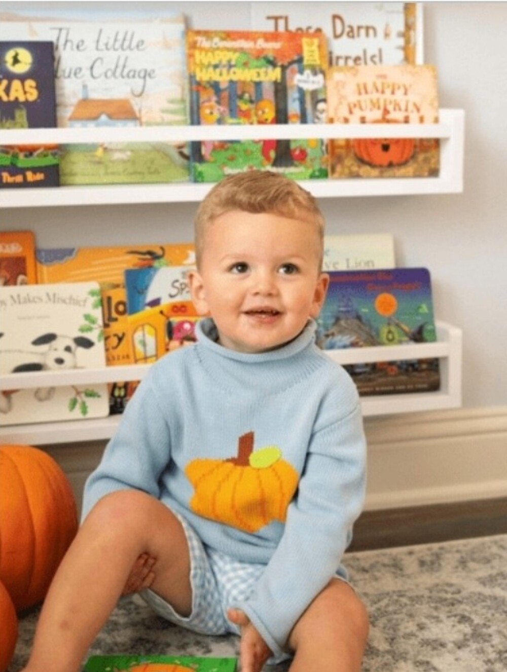 Mud Pie Unisex Kid's Light Blue Roll Neck Sweater with Pumpkin Motif
